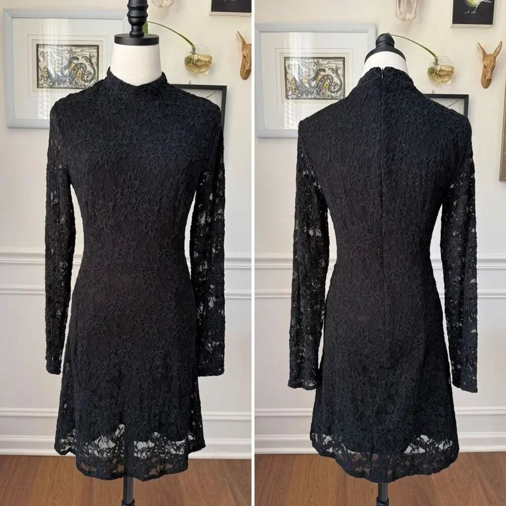 BardotโStretchy Black Lace Long Sleeve Mock Neck Skater Dress M 6